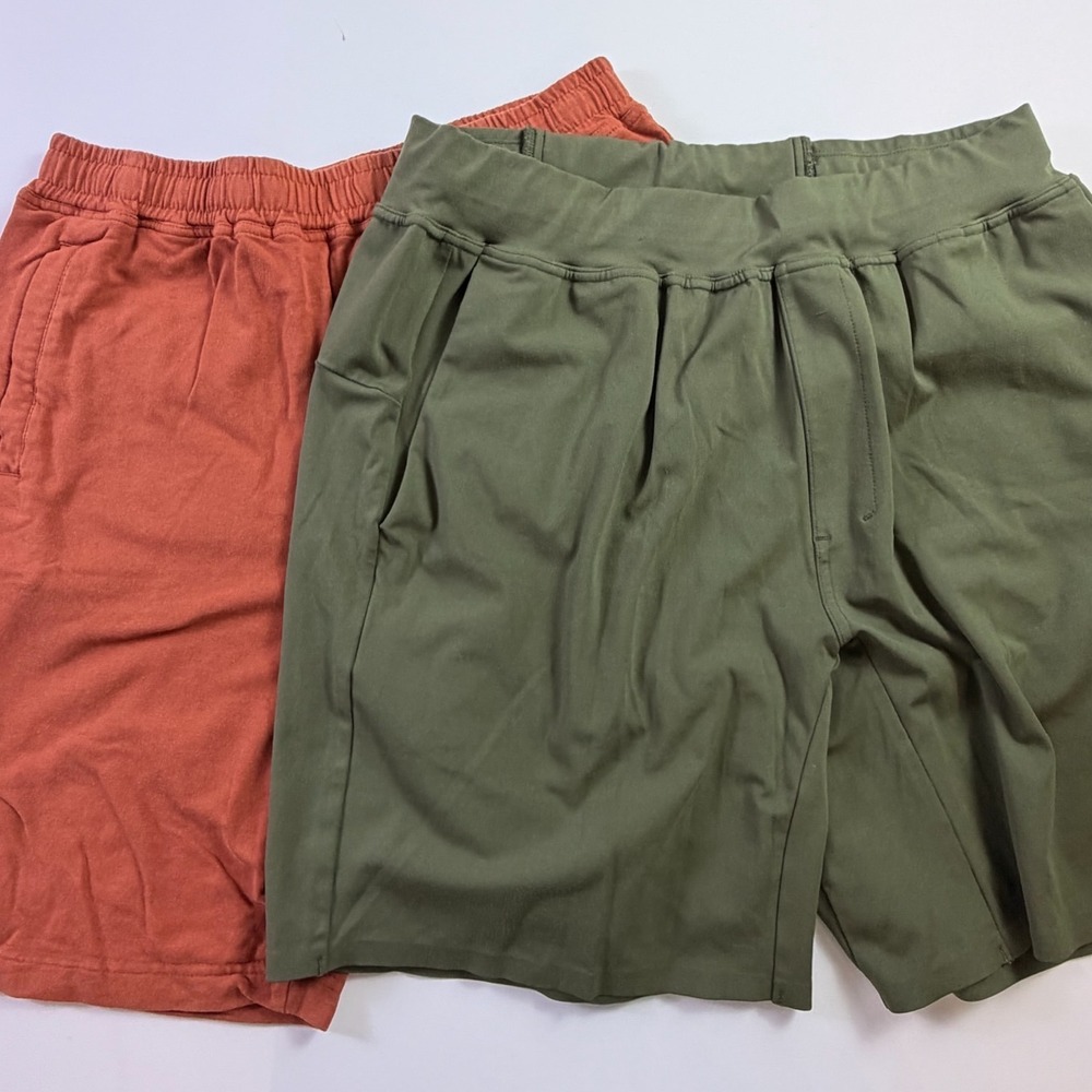Lot of 2 Mens Glyder Soft Shorts Rust Orange Olive Green Elastic Waist Pockets
